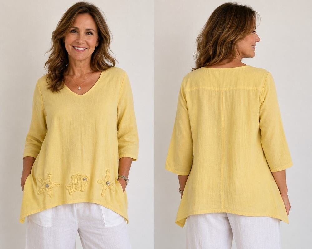 Palm Grove Women's M Top Yellow Tunic Fish Detail 100% Cotton Cruise Beach Vaca